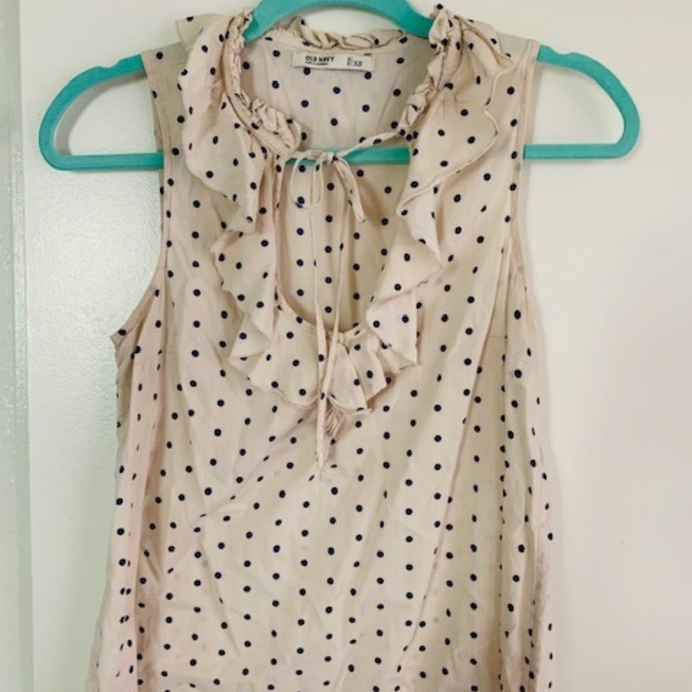 Cream and Blue Polka Dot Ruffled Tank